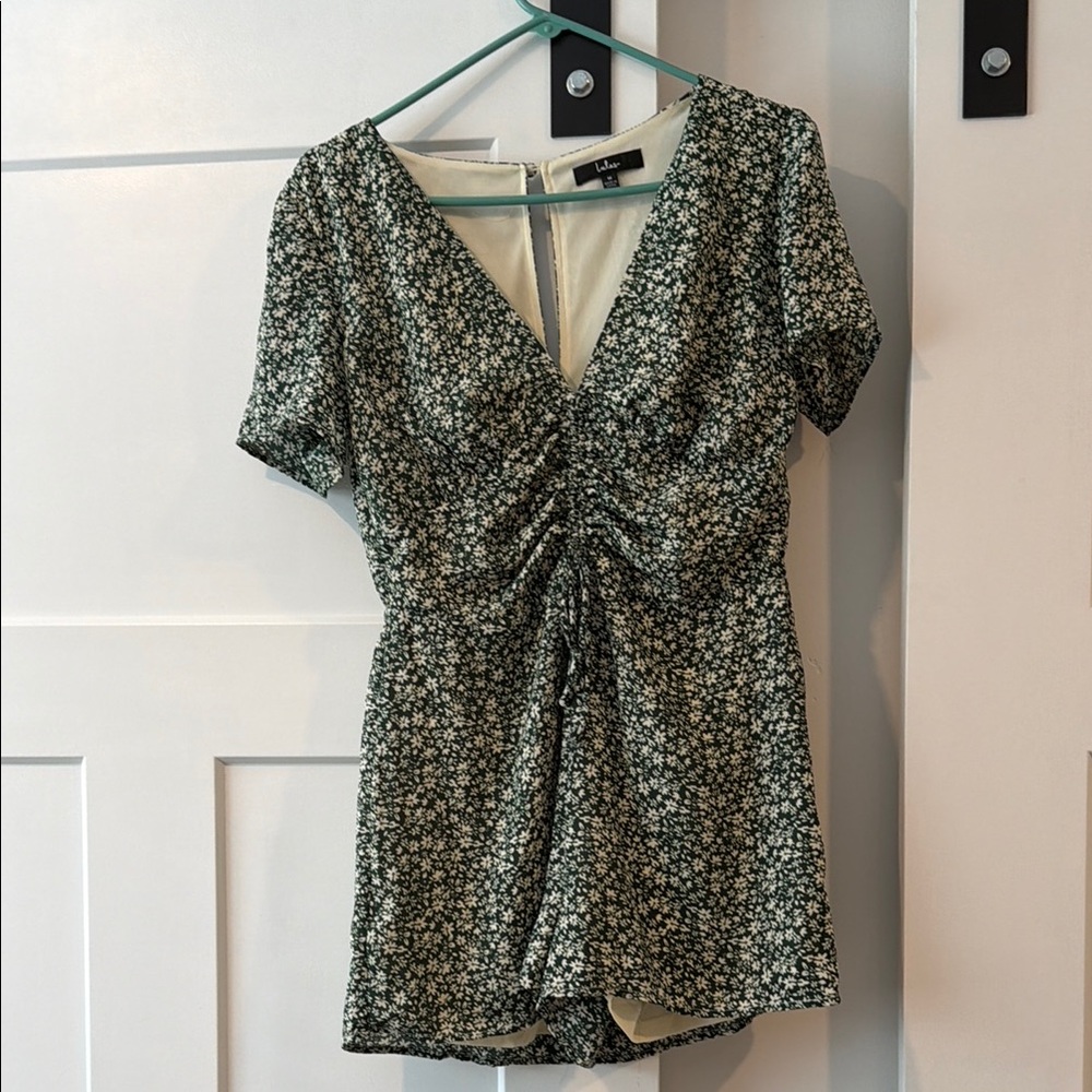 Green Floral V-Neck Ruched Romper